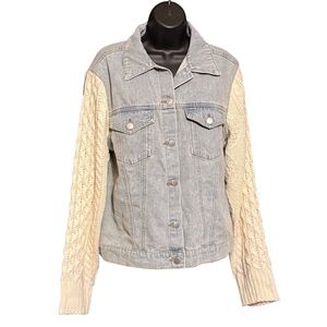 POL Blue Mixed Media with Cable-Knit Sweater Sleeves Denim Jacket Womens Size S